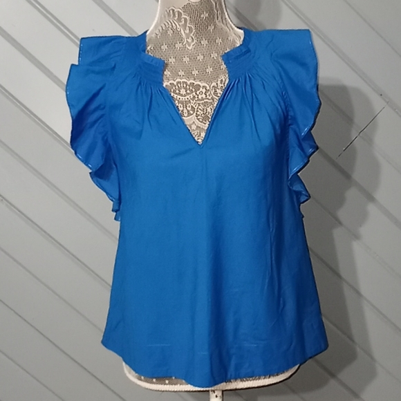 Anthropologie HD in Paris bright blue short butterfly sleeve blouse - Picture 1 of 5
